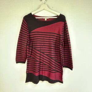 Dana Buchman Womens Red Black Striped 3/4 Sleeve Knit Top Large Pullover NWOT